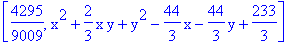 [4295/9009, x^2+2/3*x*y+y^2-44/3*x-44/3*y+233/3]